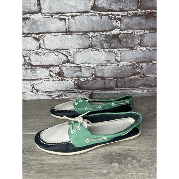 LL Bean Blue Green White Leather Preppy Loafers Boat Shoes Women Sz 9M US/39.5EU - Picture 12 of 16